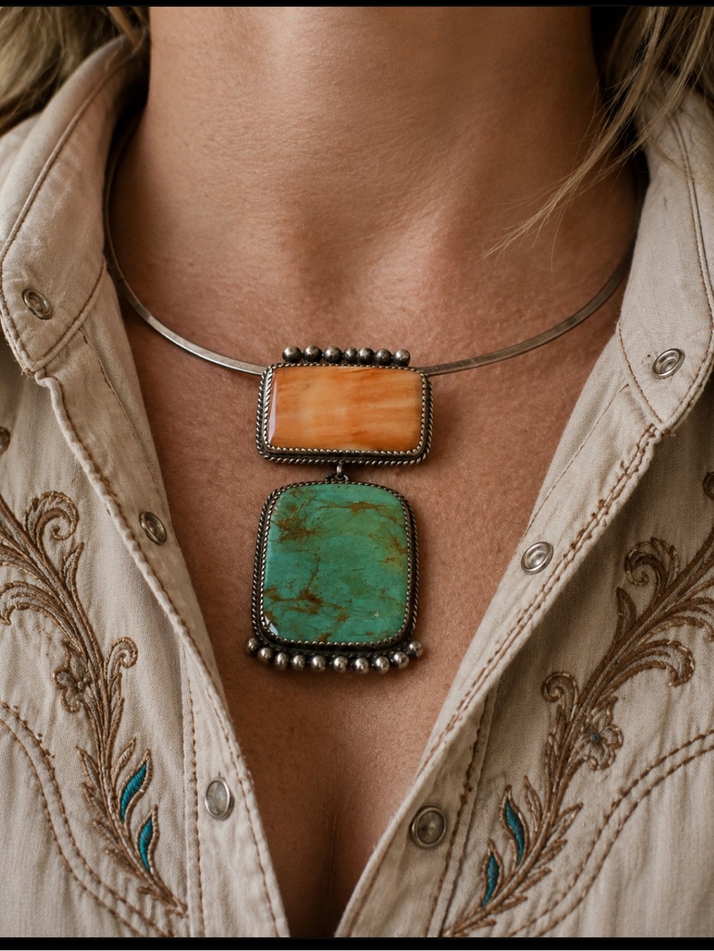 Navajo Betty Joe Orange Spiny & Turquoise Sterling Silver Pendant
